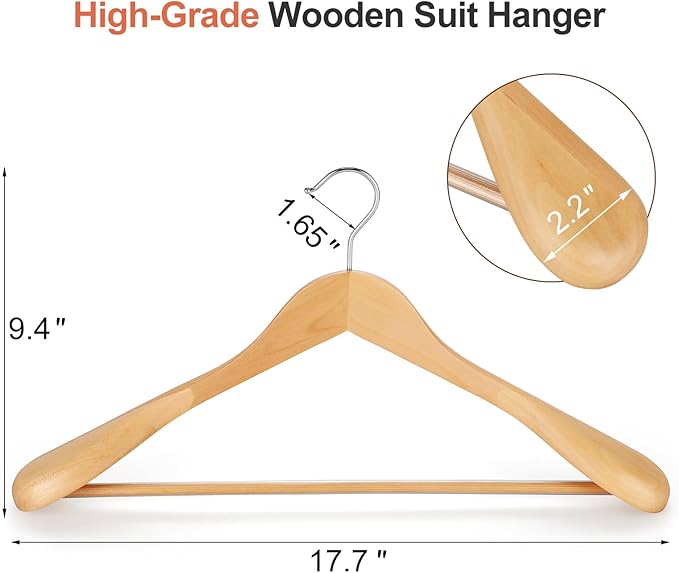 TOPIA HANGER Wide Shoulder Wooden Hangers, Suit Hangers with Non Slip Pants Bar & 360° Swivel Hook, Solid Wood Heavy Duty Coat Hanger, 6 Pack (Natural)-CT02NA