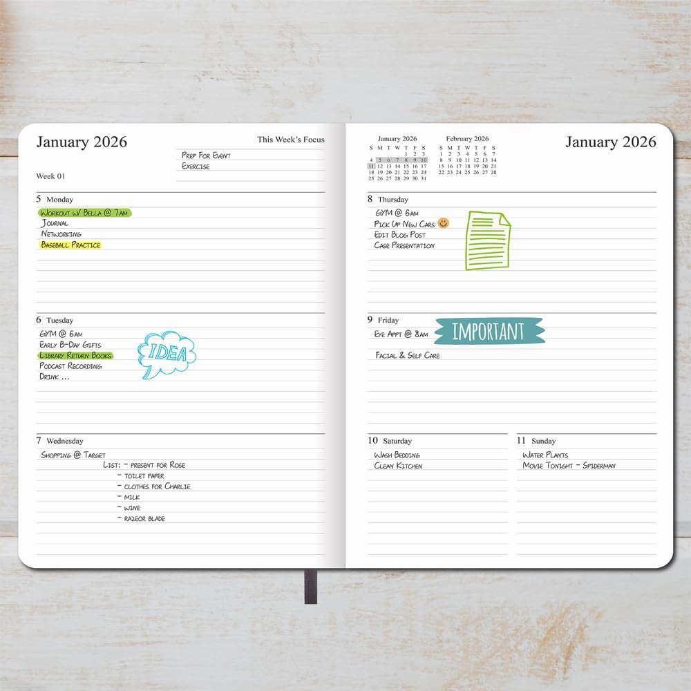 2025-2026 Planner - Weekly and Monthly Planner, Oct 2025 - Dec 2026, Vegan Leather Cover, Elastic Closure, 7”x9.25”, Grey