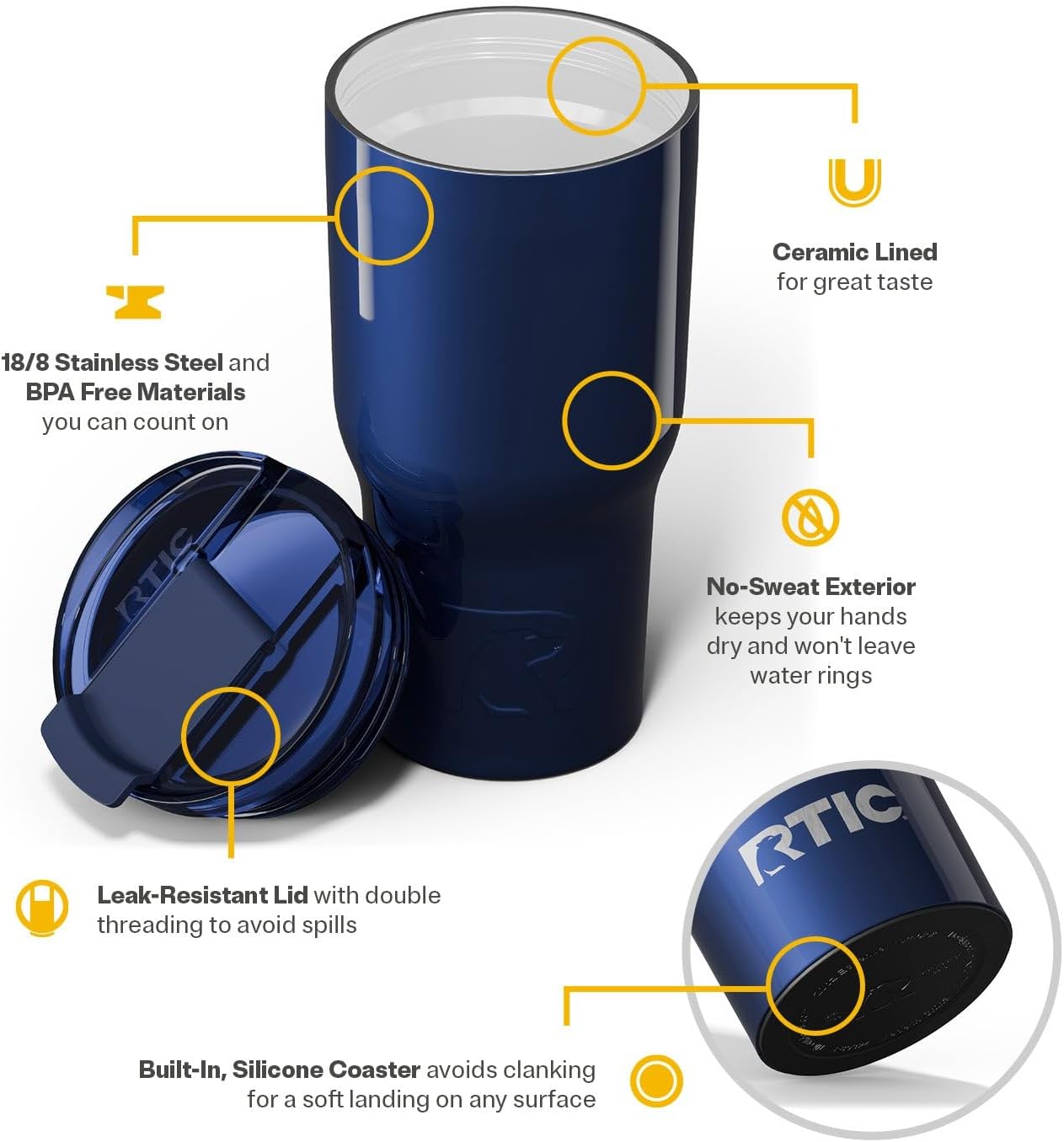 RTIC 20oz Essential Tumbler with Lid, Insulated, Stainless Steel, Metal, Double Wall Vacuum-Insulation, Ceramic Lined, Travel Cup for Iced Coffee, Tea, Hot and Cold Drink, Midnight Dust Metallic