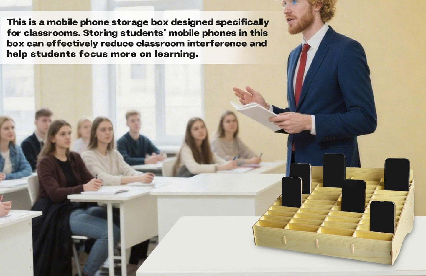 HengTianMei Wooden Desktop Storage Box Mobile Phone Management Storage Box Creative Desktop Office Meeting Finishing Grid Multi Cell Phone Rack Display (New 48)