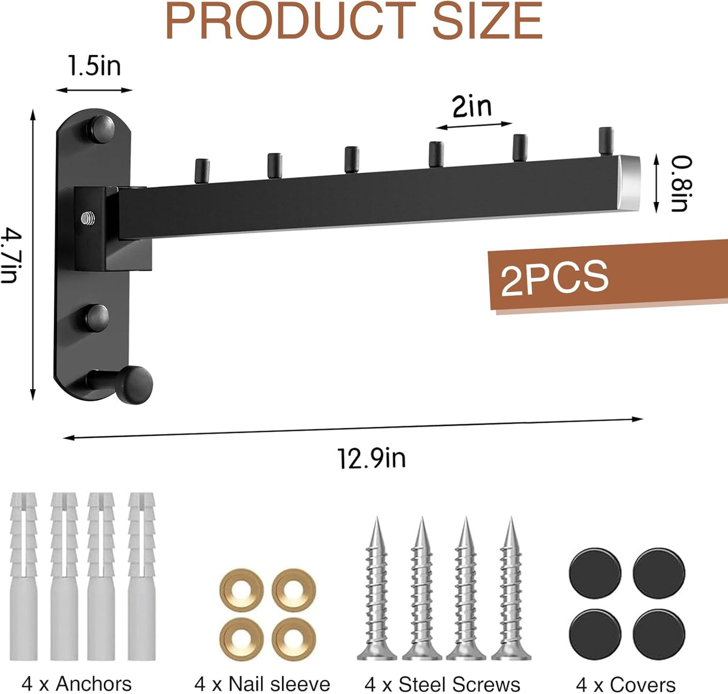 2 PCS Folding Wall Mounted Clothes Drying Rack, Swing Arm Design, Black, Stainless Steel