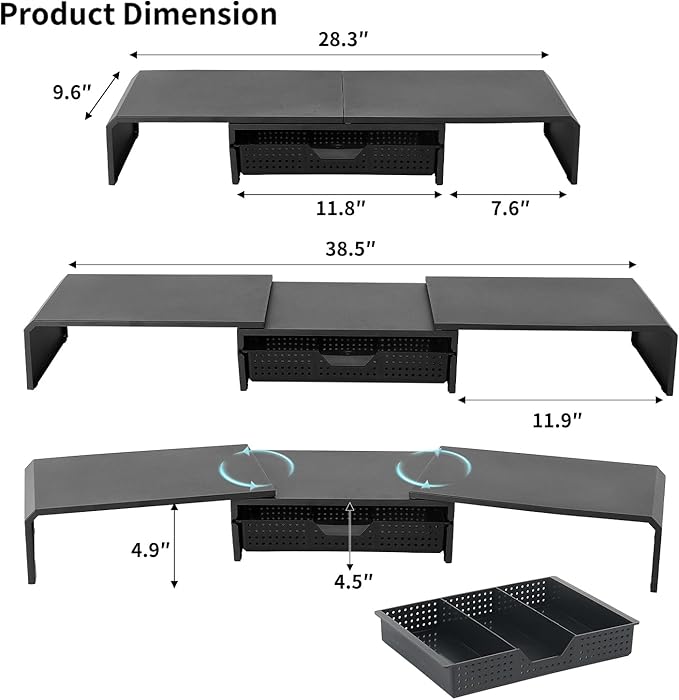 Dual Monitor Stand Riser with Drawer, Computer Stand for Desk, Workspace Desktop Stand, Desk Organizer for Computer, Laptop, TV and More (Black)