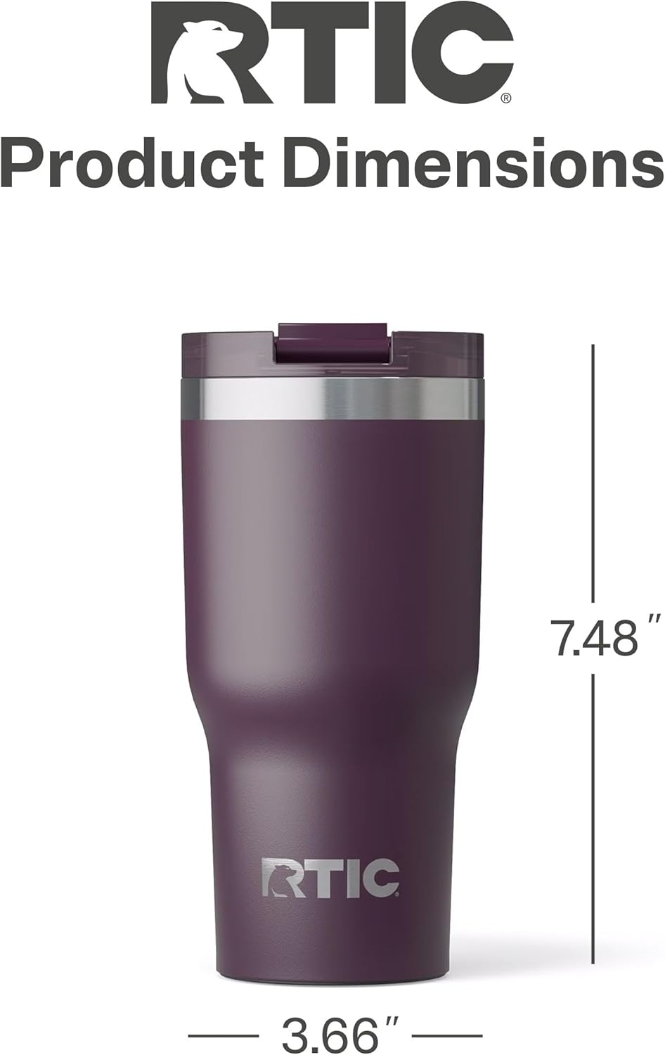 RTIC 20oz Essential Tumbler with Lid, Ceramic Lined, Insulated, Stainless Steel, Metal, Double Wall Vacuum-Insulation, Travel Cup for Iced Coffee, Tea, Hot and Cold Drink, Plum