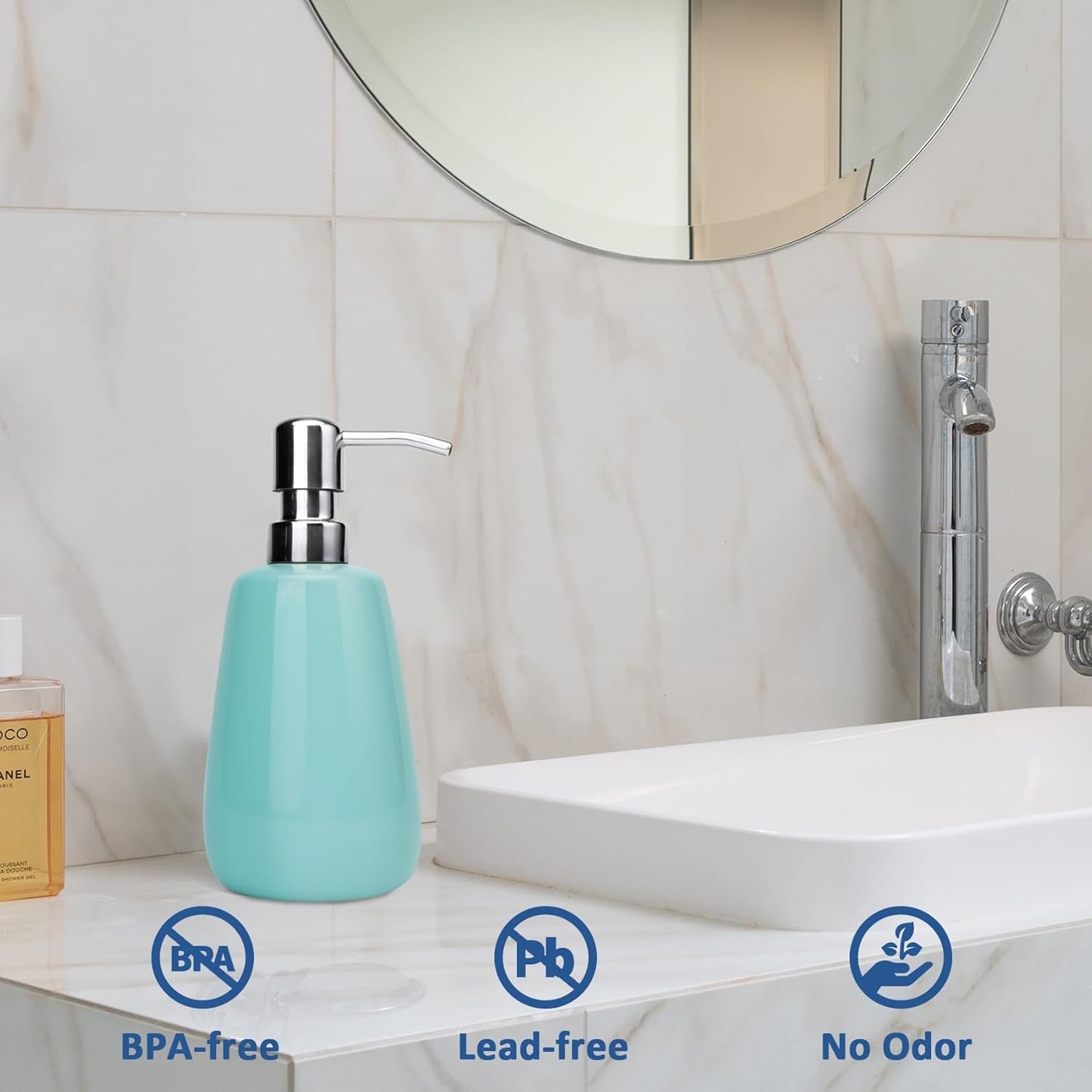 Hand Soap Dispenser Ceramics Bottles with Stainless Steel Pump Bathroom Empty Shampoo Bottles 10oz/300ml 2.76 inches Tall and 1.18 inches Wide