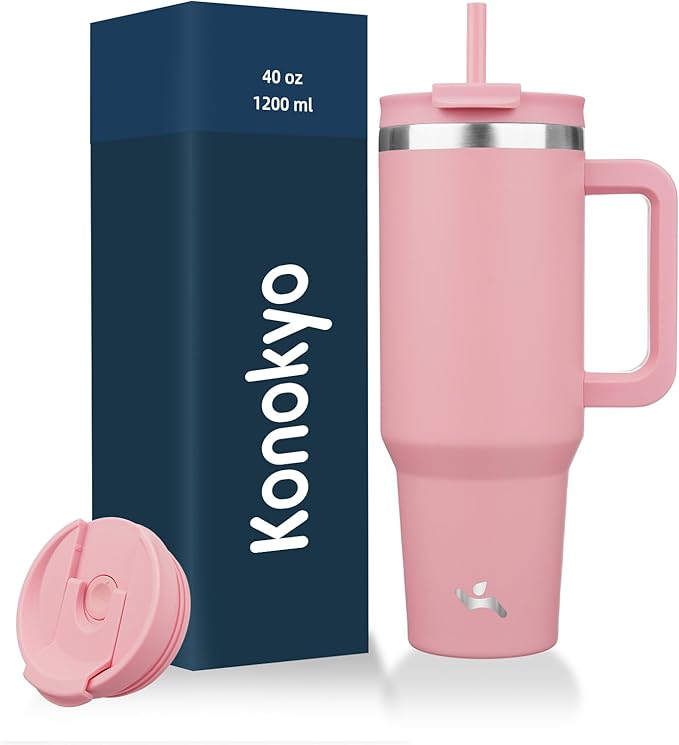 40 oz Tumbler with Handle and 2 Straws,2 in 1 Lid Insulated Water Bottle Stainless Steel Travel Coffee Mug,Pink