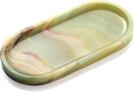 Natural Marble Decorative Tray for Countertop Organizer,Vanity Tray Trays for Jewelry Perfume Candle, Luxury Oval Stone Dish for Bathroom, Bedroom, 9.8"x4.4" Catchall Tray, Peridot