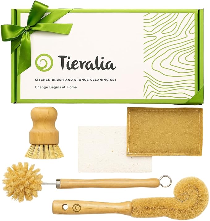 Tieralia Bamboo Dish Brush Gift Set – 5-Piece Kitchen Cleaning Bundle with Bottle Brush, Palm Brush, Scrub Brush & Sponge Pads | Elegant Wood Handles, Scratch-Safe Bristles, Giftable Packaging