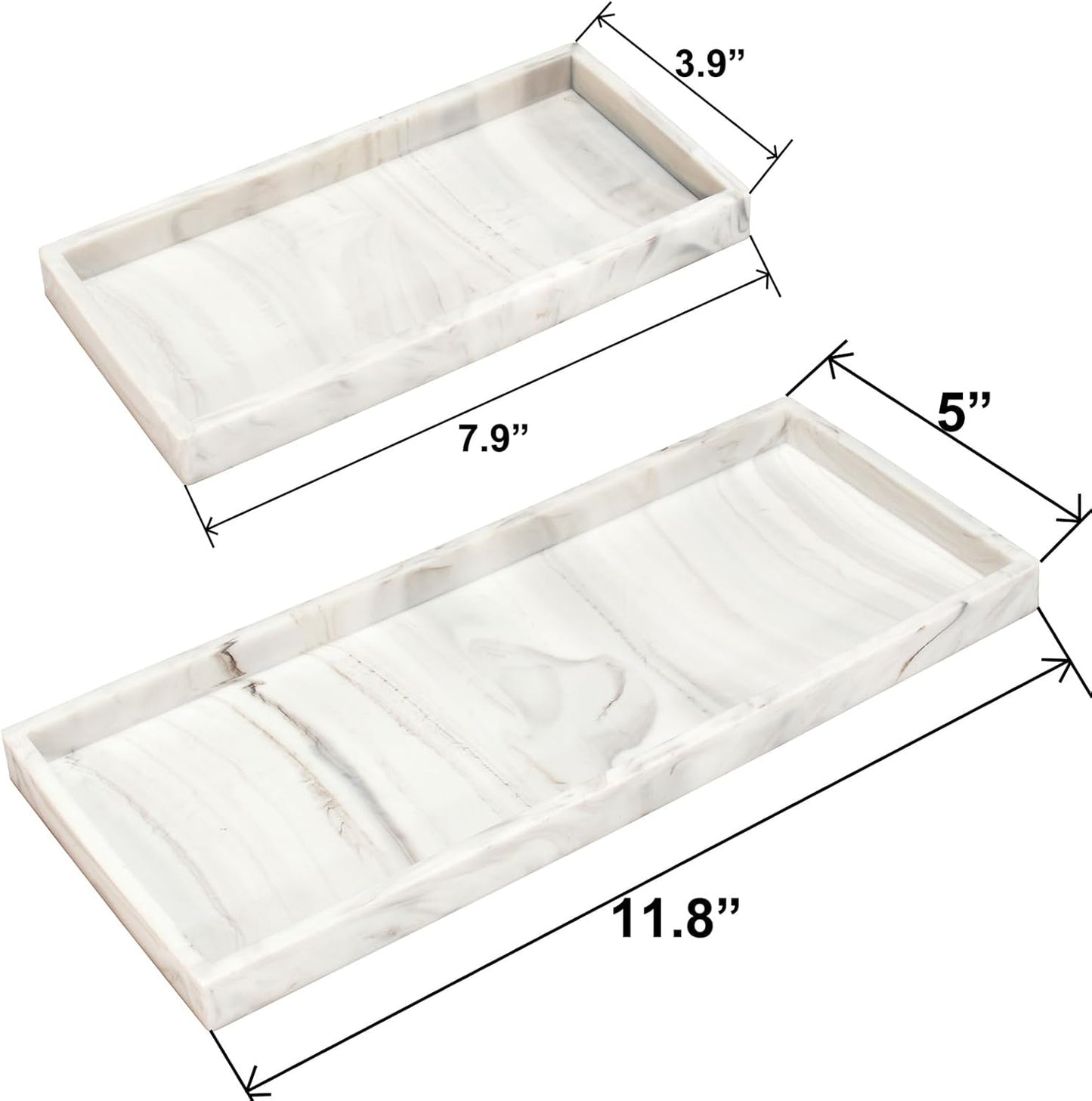 DNC Silicone Bathroom Tray for Counter, 2PC (7.9" +11.8") Vanity Tray for Countertop, Kitchen Sink Soap Tray for Dish Holder Dispenser Toilet Tank Desk Organizer Marble White