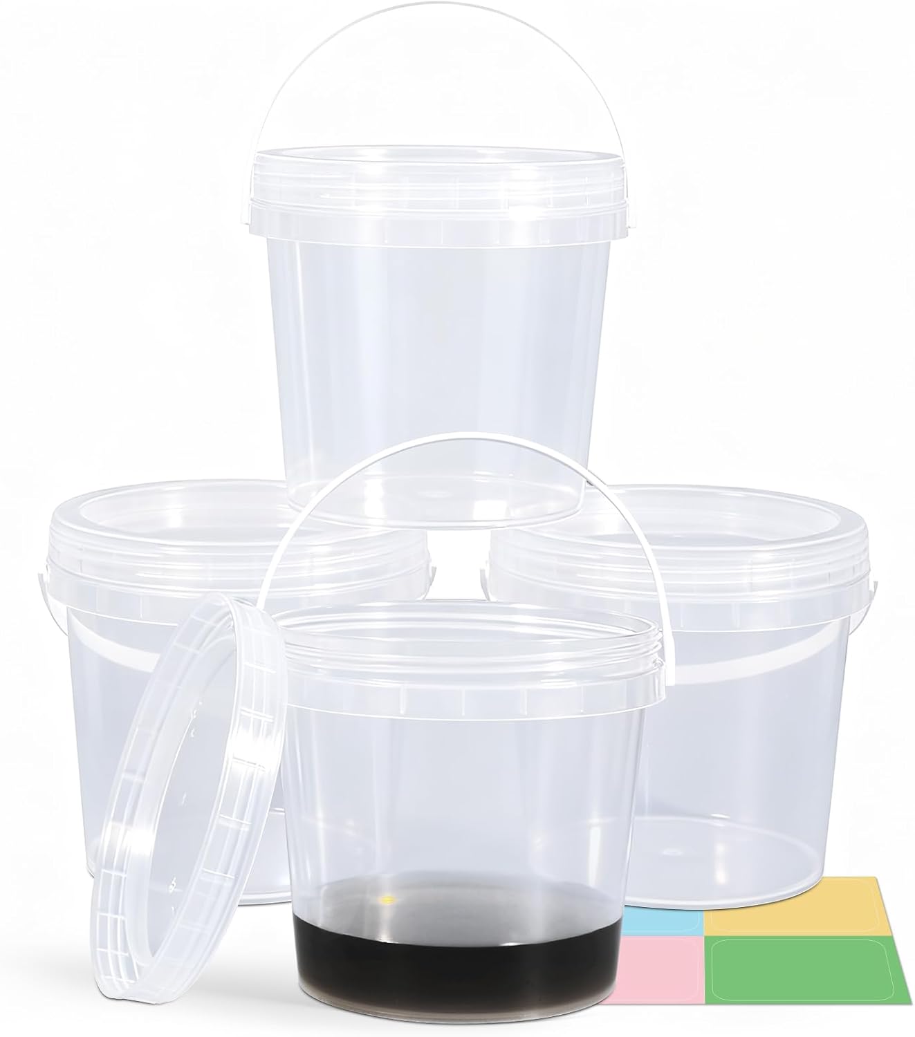 4 Pack 64oz Food Grade Plastic Buckets with Screw Lids & Handle, Reusable Storage Containers for Snacks, Salad, Sauce - Clear Freezer Safe Bucket Set