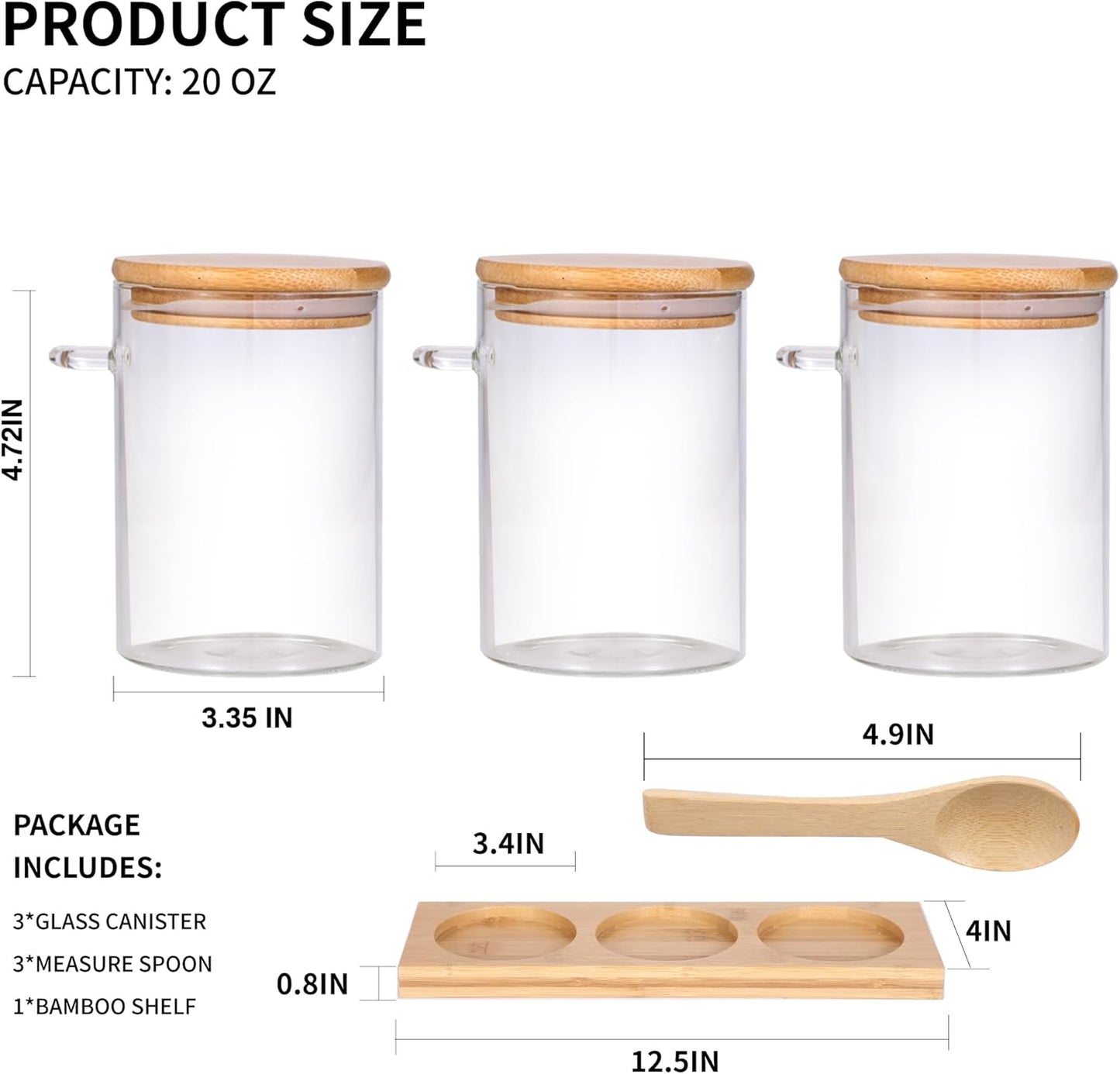 Glass Spice Storage Container with Spoon, 3PCS 20oz Airtight Sealed Condiment Jar with Tray, Kitchen Pantry Seasoning Canister Set for Salt Coffee Sugar Tea & Bathroom Cotton Swab Ball