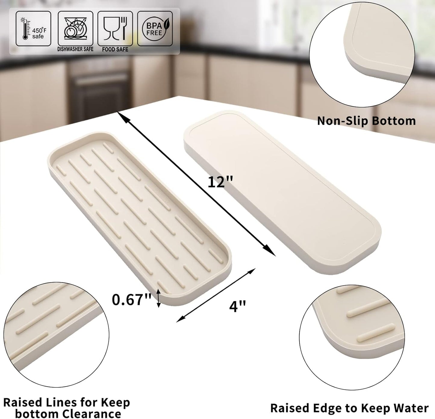 Silicone Kitchen Sink Organizer Tray for Multiple Usage,Eco-Friendly Sponges Holder for Kitchen Bathroom Counter or Sink,Dish Soap Dispenser,Scrubber,Bottle,Cup (Tapioca, 12"×4")