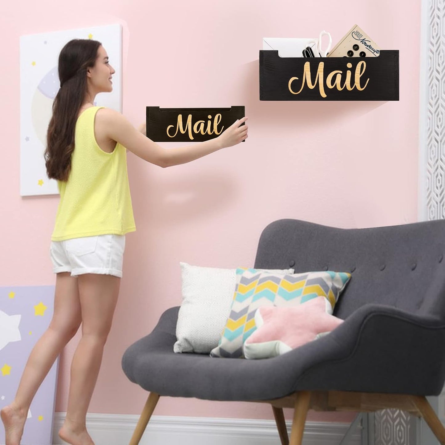 Mail Organizer Mail Holder Countertop, Rustic Wooden Mail Basket Mail Tray Letter Holder Box for Desk Home Office Wall Mount