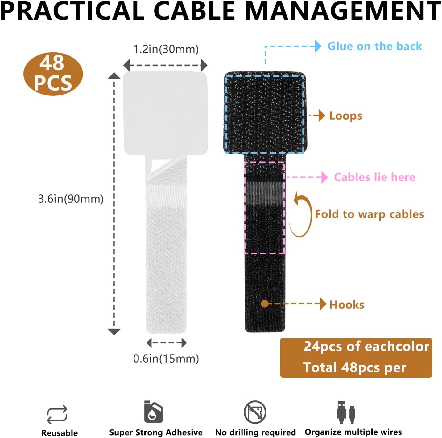 Under Desk Cable Management, Wire Organizers for Cords - Upgrade 48 PCS Sticky Back Self Adhesive Cable Ties, Hook and Loop Straps for Home or Office Use