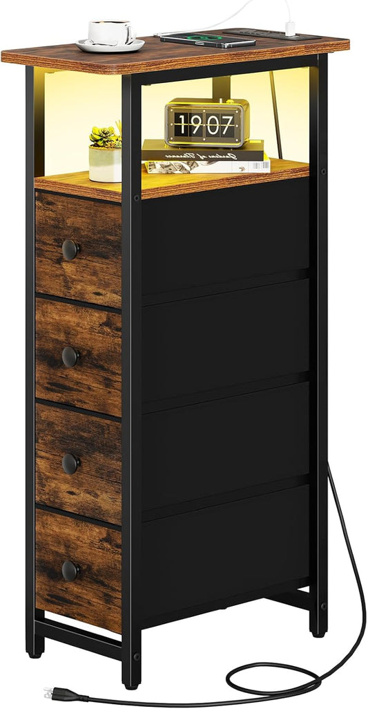 Yoobure LED Narrow Nightstand with Charging Station - Slim Dresser for Bedroom Narrow Side Table Storage Cabinet, Small Dressers Chest of Drawers, Tall Skinny Night Stand End Table for Small Spaces