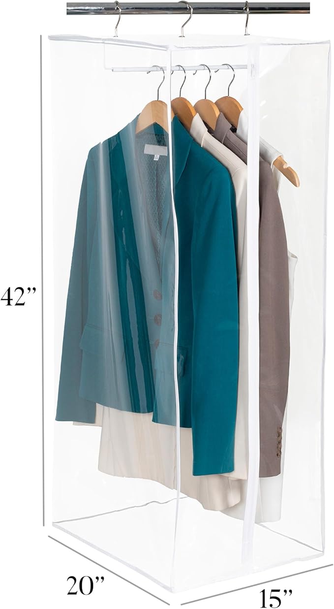 Garment Bag - Clear Hanging Closet Organizer - Durable Zippered Cover with Rod Protects Dresses, Suits, and Jackets from Dust and Moist- Top Metal Frame to Keep All Your Stuff in Shape- 42" x 20" x 15