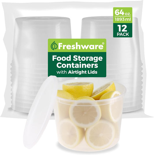 Freshware [12 Pack, 64 oz] 1/2 Gallon Plastic Deli Food Storage Soup Containers With Airtight Lids, Slime Containers, Freezer Safe | Meal Prep | Stackable | Leakproof | BPA Free, Clear