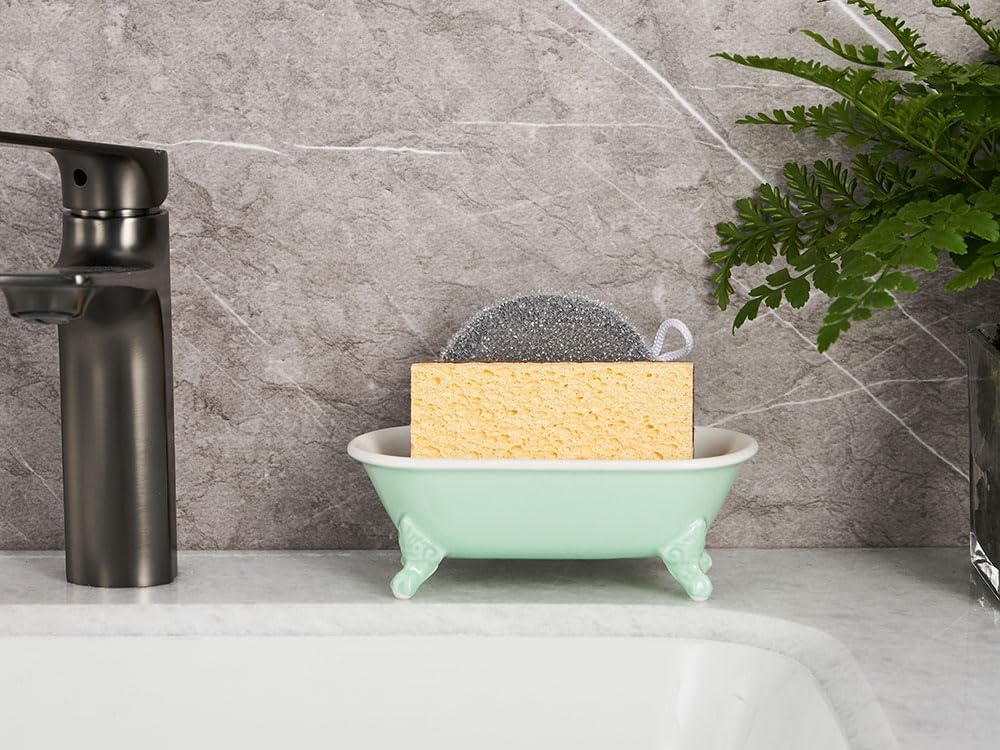 6.5" Ceramic Mini Decorative Clawfoot Bathtub Bar Soap Dish, Kitchen Sponge Holder and Shower Tray for Bathroom, 1 Pack(Bright Teal)