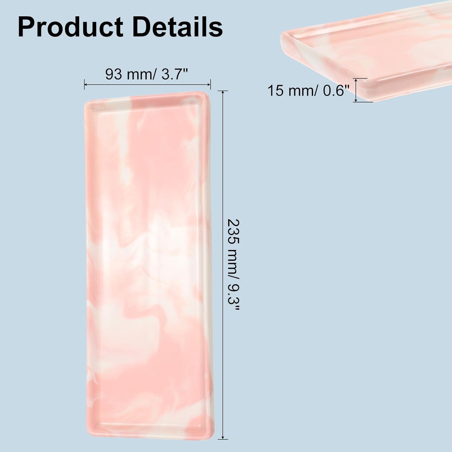 uxcell Marble Tray for Bathroom 9" Small Rectangle Ceramic Vanity Tray for Countertop Shatterproof Bathtub Soap Tray Kitchen Sink Organizer Key Trinket Ring Tray, Pink