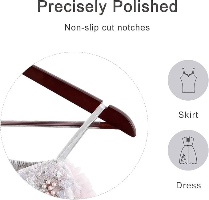 TOPIA HANGER Wooden Coat Hangers 30 Pack, Cherry Wood Suit Hangers with Non Slip Pants Bar, 360° Swivel Hook and Shoulder Notches for Camisole, Jacket, Pants, Smooth Finish Clothes Hangers - CT34M30