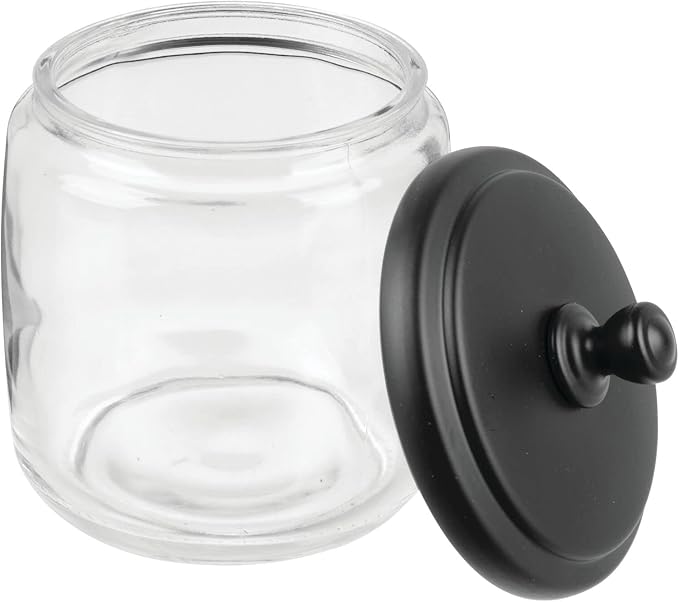 mDesign Small Apothecary Organizer Canister Jars - Glass Containers with Steel Lid for Bathroom, Organization Holder for Vanity, Counter, Hamill Collection - 2 Pack - Clear/Black