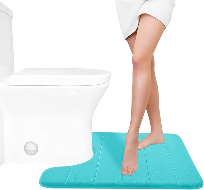 Yimobra Memory Foam Toilet Bath Mat U-Shaped, Soft and Comfortable, Super Water Absorption, Non-Slip, Thick, Machine Wash and Easier to Dry for Bathroom Commode Contour Rug, 24 X 20 Inches, Lake Blue