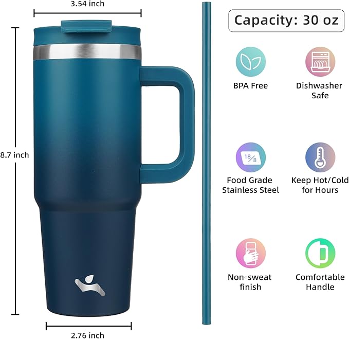 30 oz Tumbler with Handle and 2 Straws,2 in 1 Lid Insulated Water Bottle Stainless Steel Travel Coffee Mug,Indigo Black