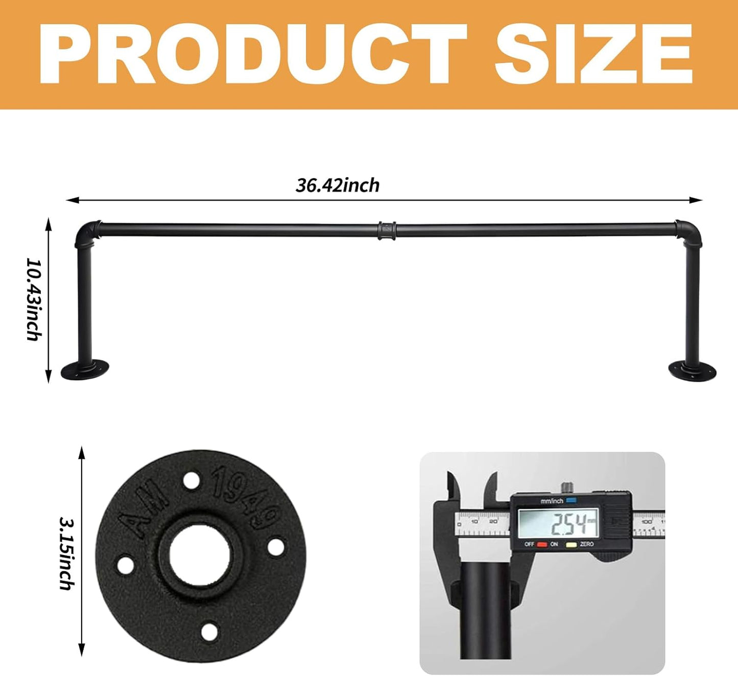Wall Mount Iron Clothing Rack, Black Steel Laundry Room Drying Rack, Space Saving Coat Closet, 50 lbs Capacity (36 x 11 in)