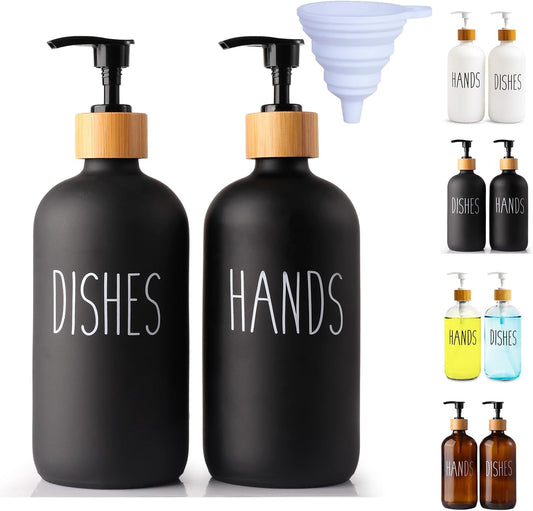 2 Pack Black Glass Soap Dispenser Set, Matte Black Soap Dispenser for Sink, Rustic Kitchen Decor