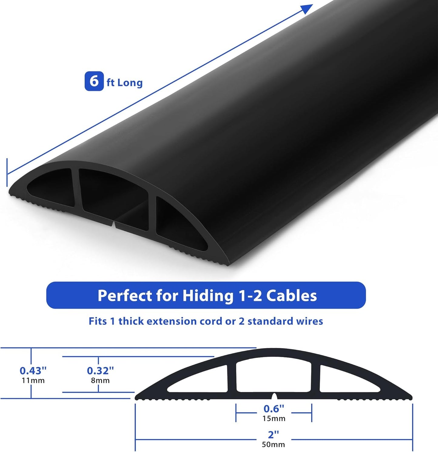 ZhiYo Floor Cord Cover 6ft, Cord Hider Floor Hide Extension Cords, PVC Cable Management Cover Prevent Cable Trips, Wire Covers for Cords, Cable Protector Wire Cavity W0.6in H0.32in Black