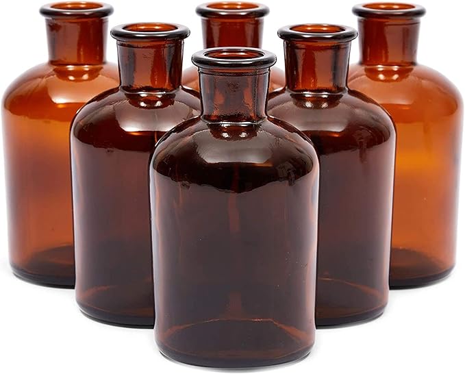 Farmlyn Creek 6 Pack Small Glass Vases for Centerpieces, Amber 7.5 oz Propagation Jars for Flowers, Table Centerpieces, Apothecary, Home Decor (2.8 x 5 in)