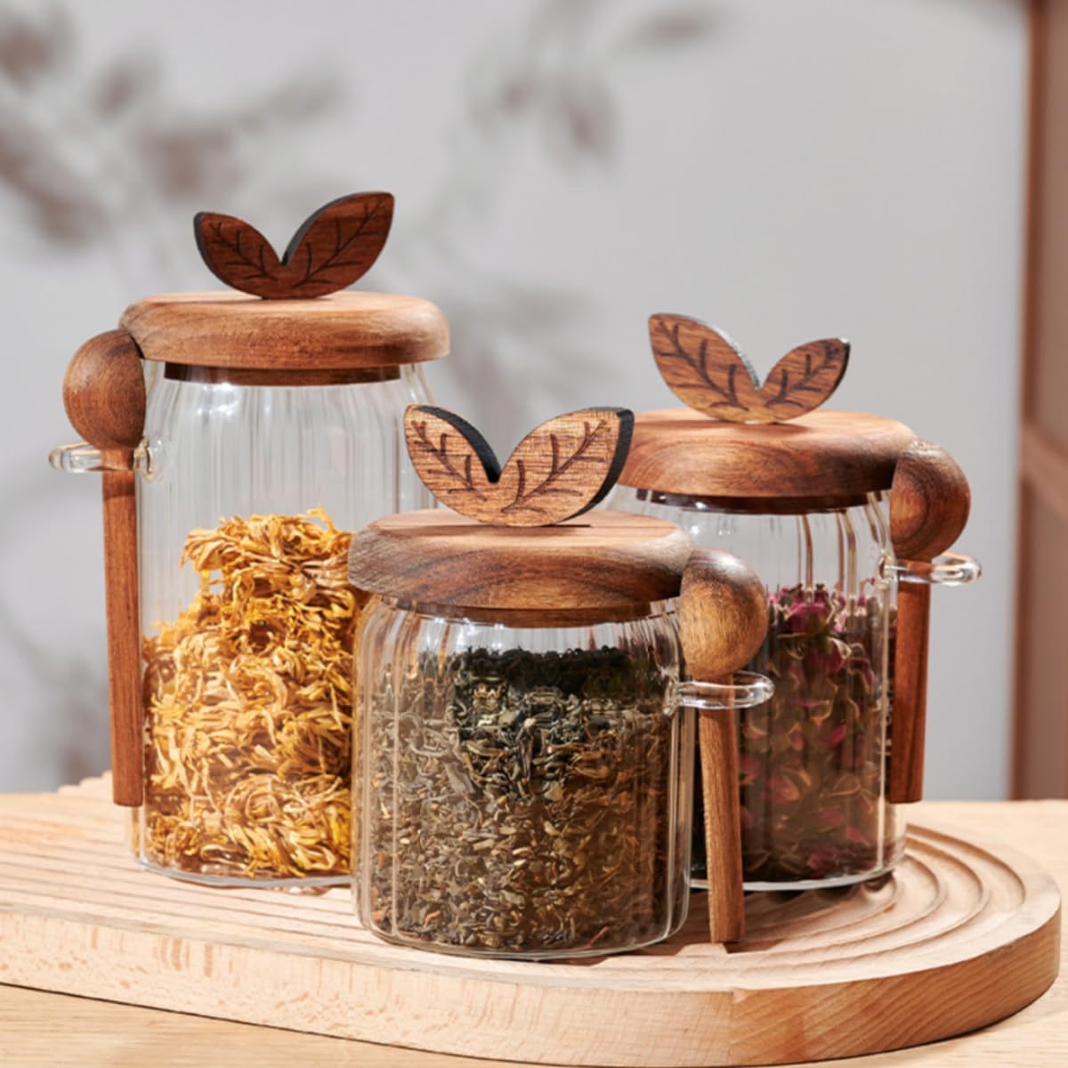 ANSQU 27oz Glass Jar with Wooden Lid and Spoon, 2 Pack Food Storage Containers Coffee Jar Coffee Grounds Container, Glass Food Storage Canister