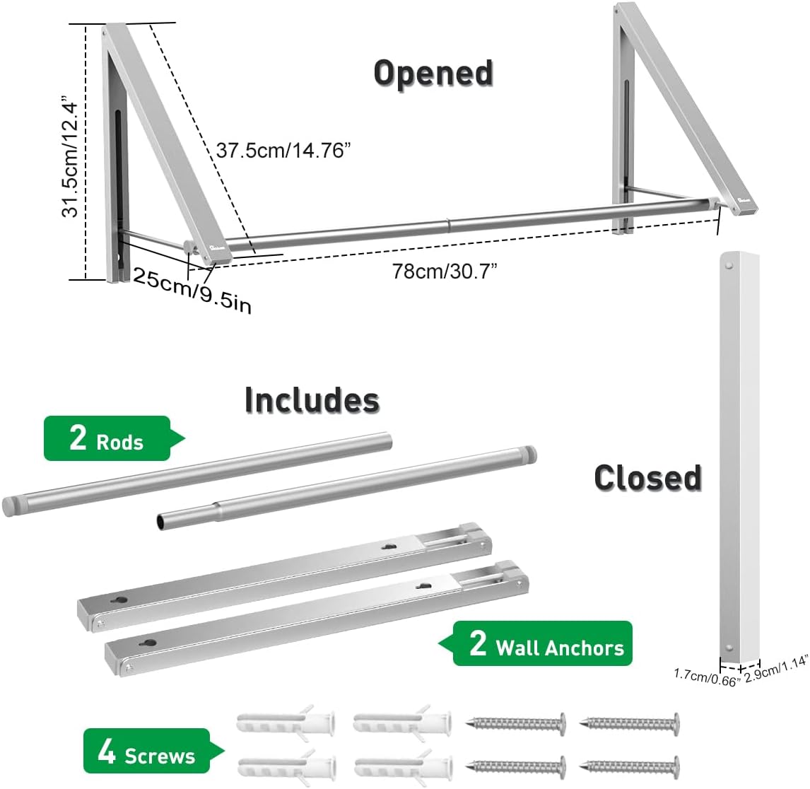 Laundry Room Drying Rack Wall Mounted Clothes Hanger Folding Wall Coat Racks Aluminum Home Storage Organiser Space Savers Silver 2 Rakcs with Rod