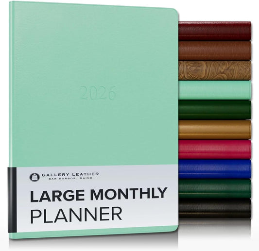 Gallery Leather Large Monthly Planner 2025-2026, Elegantly Bound Calendar Planner and Notebook with Stylish Gold-Gilded Page Edges, 18 Months - Caribbean Sea Glass - 9.75x7.5"