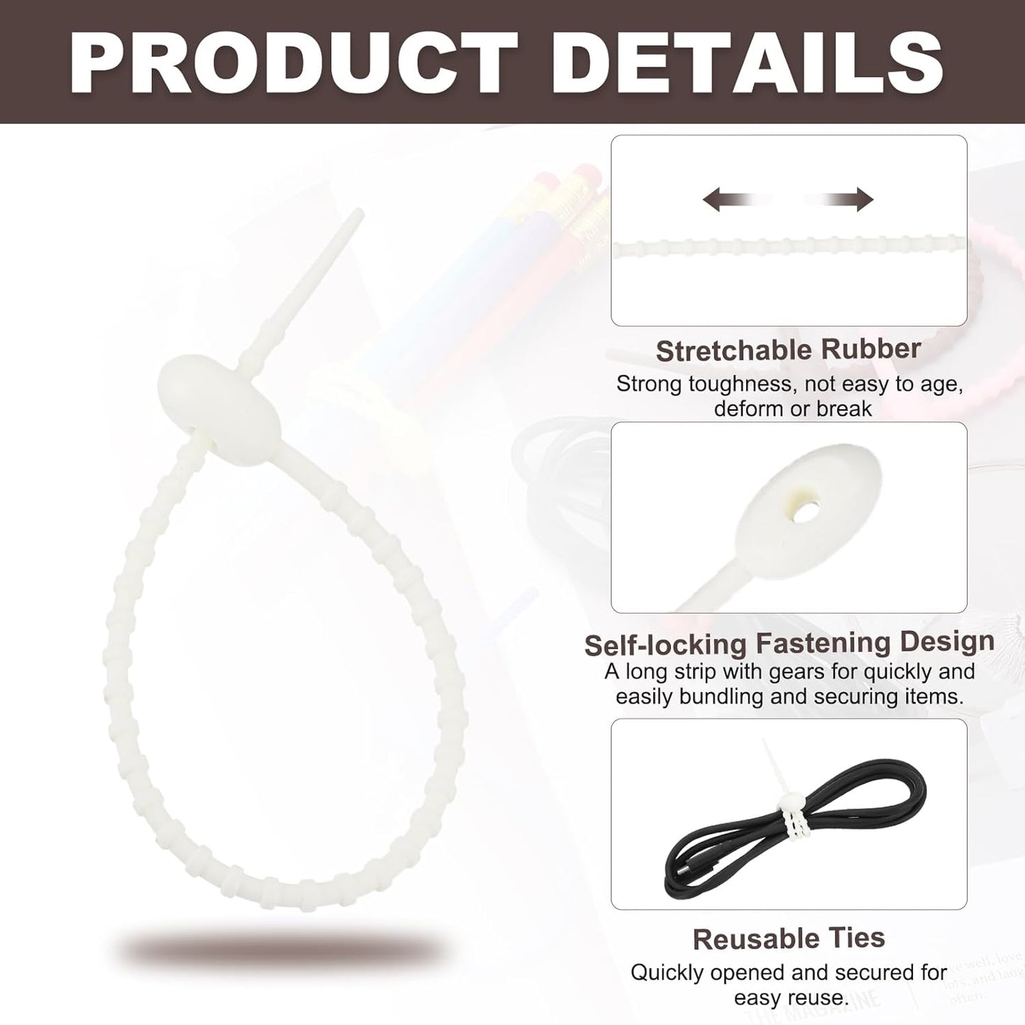 uxcell 20 Pcs Silicone Ties Bag Clip, 8.5 Inch Multi Purpose Silicone Zip Ties Reusable Rubber Zip Tie, Cable Strap Cord Organizer for Home Office Food Bag Wires Cables, Beige