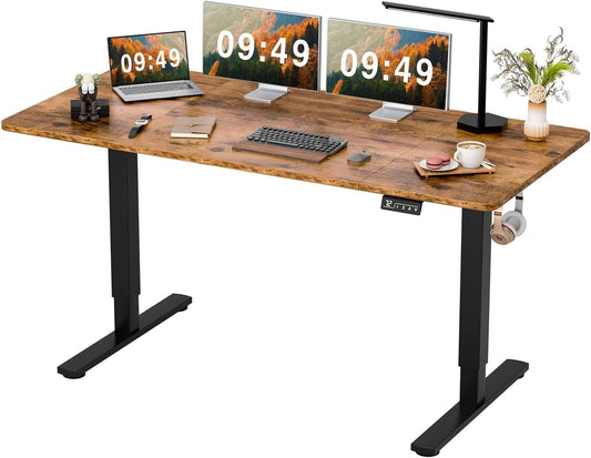 Furmax Electric Height Adjustable Standing Desk Large 63 x 24 Inches Sit Stand up Desk Home Office Computer Desk Memory Preset with T-Shaped Metal Bracket, Brown