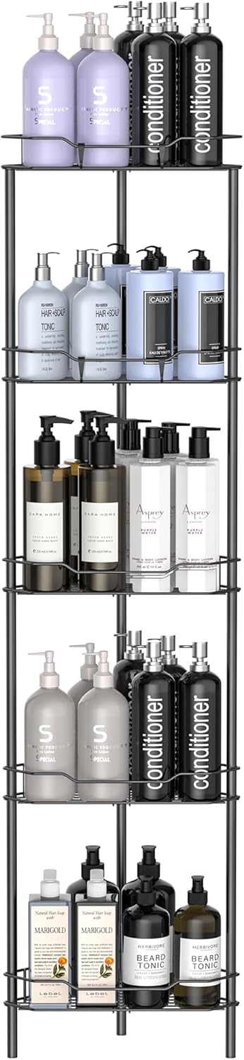 5 Tier Floor Standing Corner Shower Caddy Organizer Shelf with Hooks, Bathroom Shelves Stand Rack, Matt Black