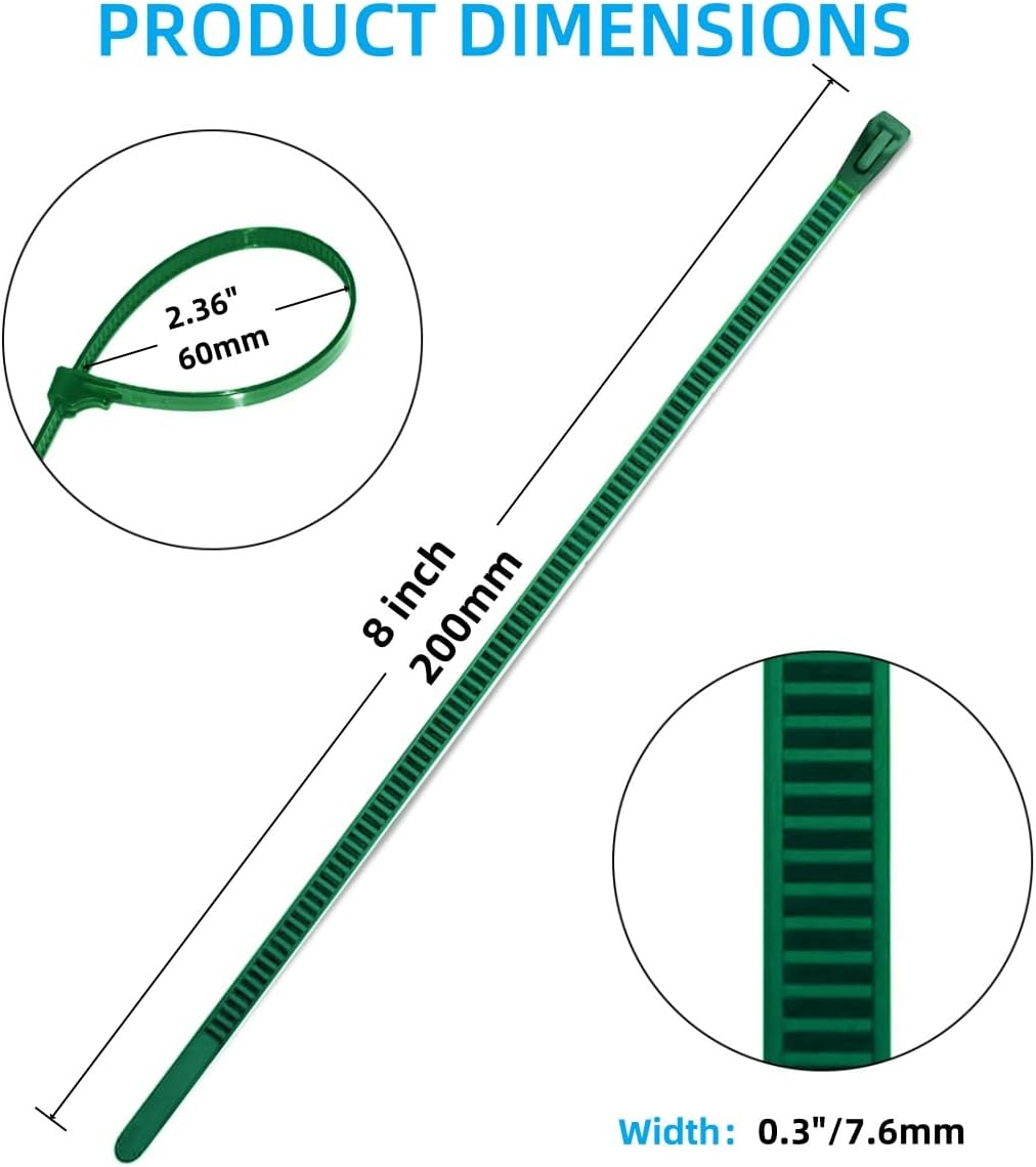 100 PCS 8 Inch Self-Locking Reusable Cable Ties Green – Adjustable Nylon Zip Ties, 55 LBS Strength for Home, Office, Wires & Cord Organization (Indoor/Outdoor)