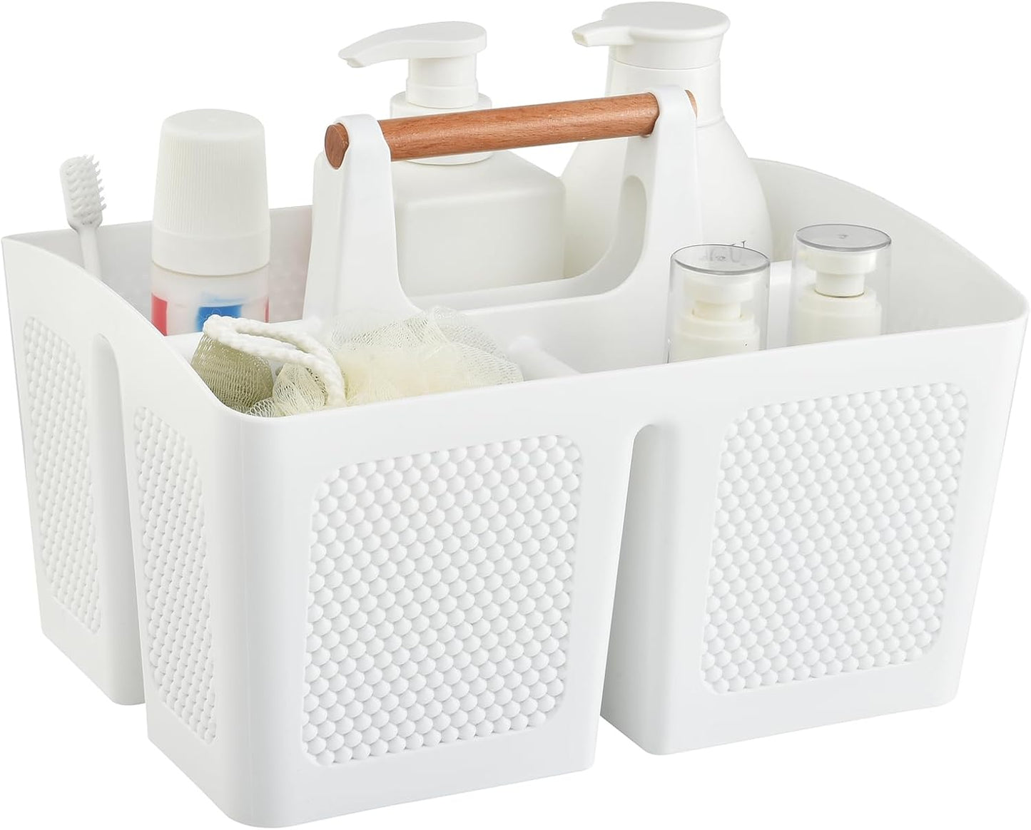 Haundry Plastic White Shower Caddy Basket with 3 Compartments, Portable Divided Bathroom Cleaning Caddy Organizer Storage Tote with Handle for Dorm, College, Room Essentials