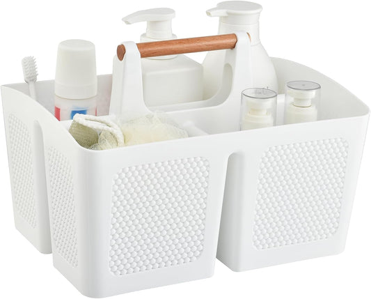 Haundry Plastic White Shower Caddy Basket with 3 Compartments, Portable Divided Bathroom Cleaning Caddy Organizer Storage Tote with Handle for Dorm, College, Room Essentials