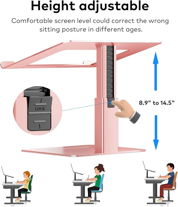 Laptop Stand for Desk, Ergonomic Aluminum Laptop Stand Adjustable Height from 7-15", Sitting and Standing Laptop Riser for 10-17" Notebook (Rose Pink)