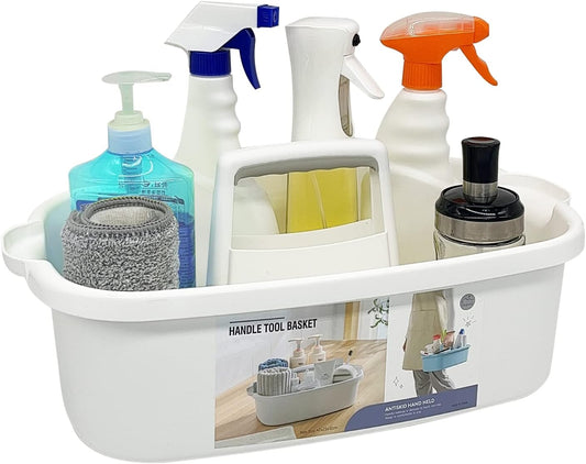Multi-Purpose Plastic Cleaning Caddy with Handle, Shower Caddy Organizer/Storage Basket/Totes Portable for Bathroom Supplies, Cleaning Products, Under Sink Tool, Housekeepers (White)