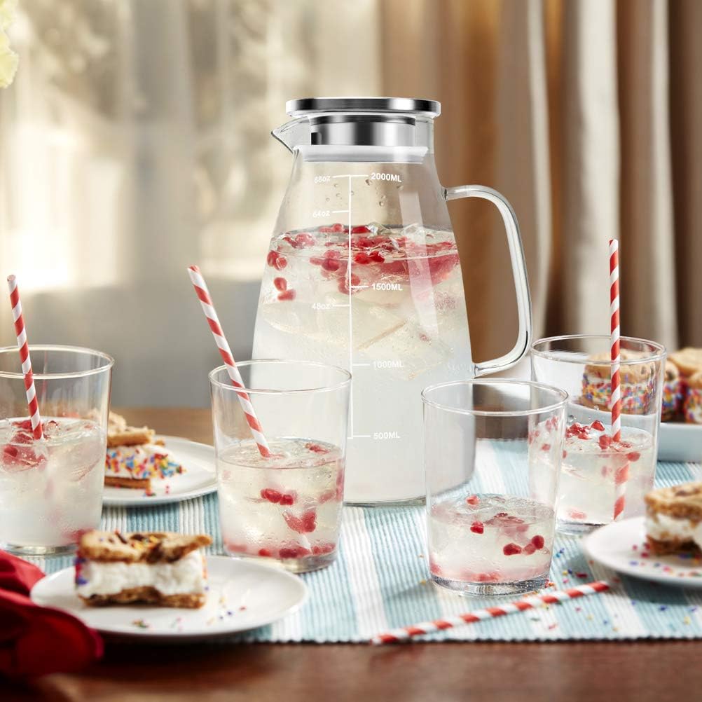 Aofmee Glass Pitcher, 68oz Water Pitcher with Lid and Precise Scale Line, 18/8 Stainless Steel Iced Tea Carafe, Easy Clean Heat Resistant Borosilicate Jug for Juice, Milk, Cold or Hot Beverages