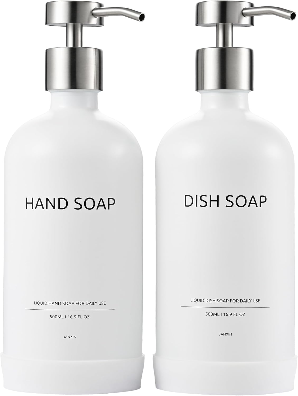 Kitchen Soap Dispenser Set with Non-Slip Protective Silicone Pad,Hand Soap Dispenser for Kitchen and Bathroom Decor, White and Silver Kitchen Accessories (White Bottles + Silver Pumps)