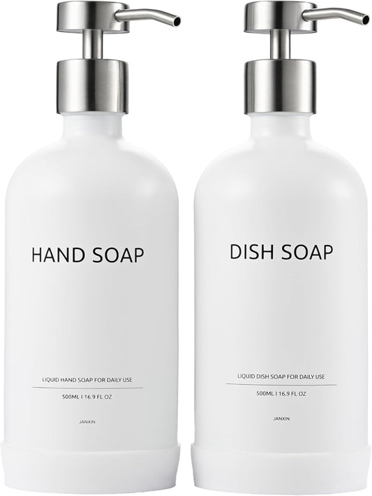 Kitchen Soap Dispenser Set with Non-Slip Protective Silicone Pad,Hand Soap Dispenser for Kitchen and Bathroom Decor, White and Silver Kitchen Accessories (White Bottles + Silver Pumps)