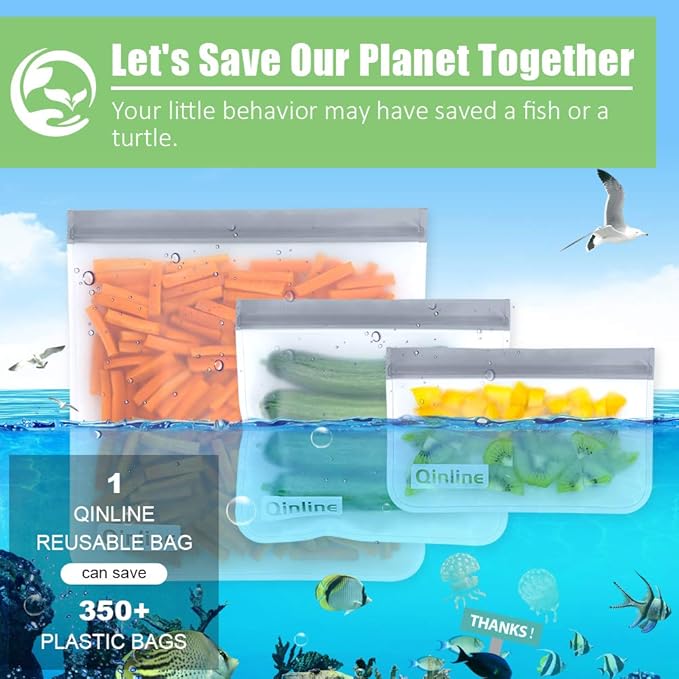 Reusable Food Storage Bags - 24 Pack Freezer Bag, Reusable Bags Silicone, Extra Thick Leakproof Lunch Bag