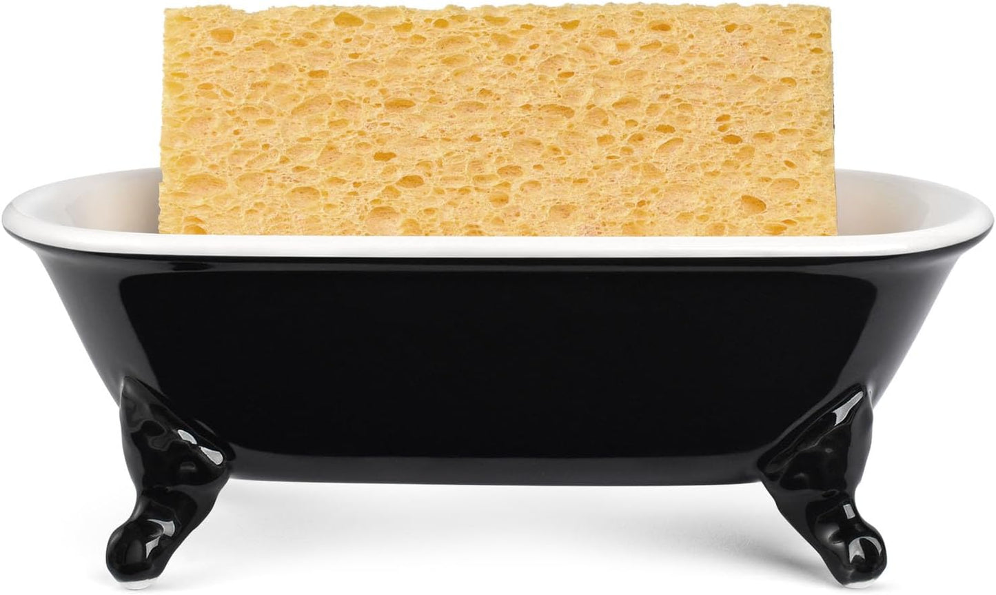 6.5" Ceramic Mini Decorative Clawfoot Bathtub Bar Soap Dish, Kitchen Sponge Holder and Shower Tray for Bathroom, 1 Pack(Black)