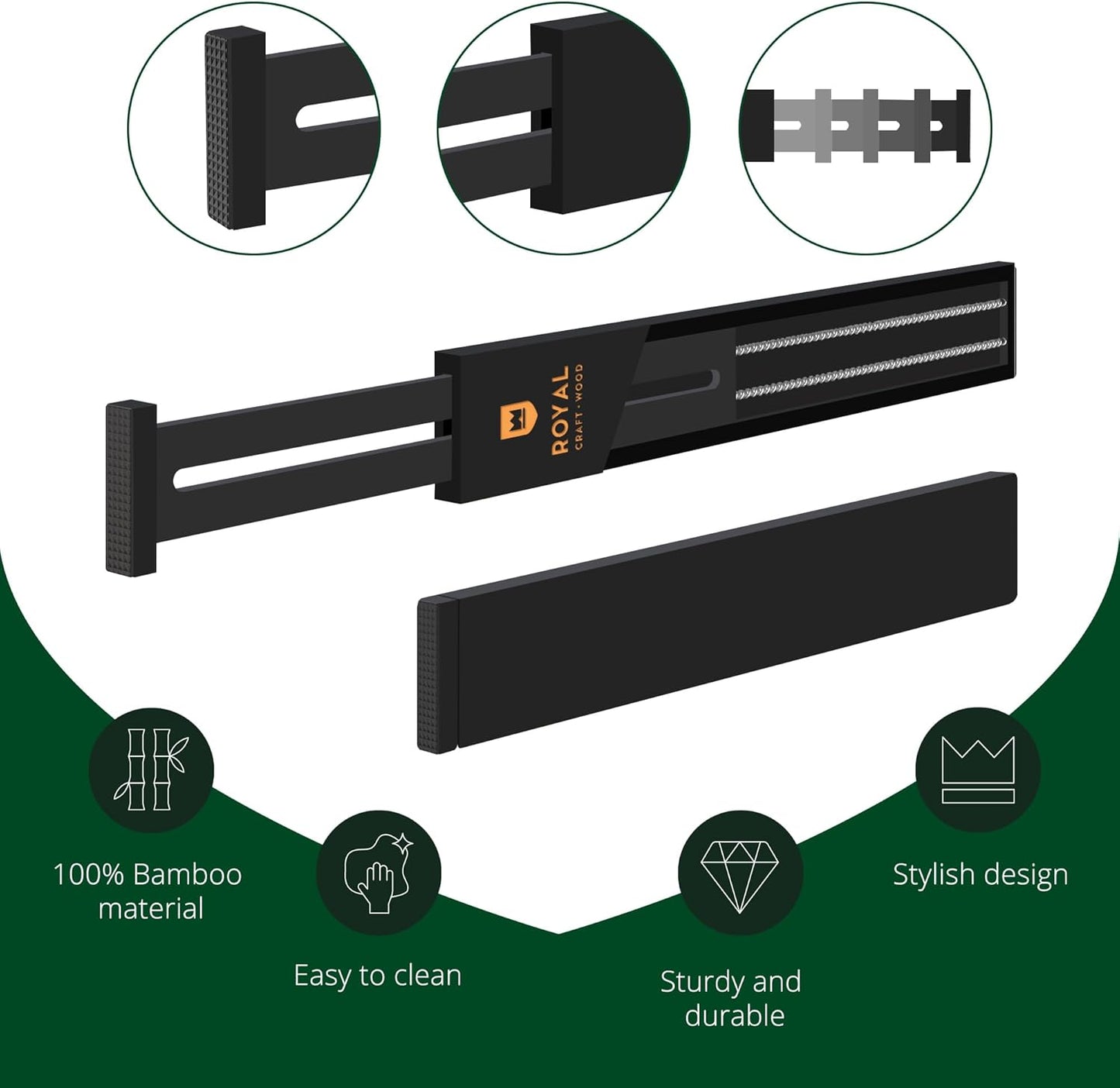 ROYAL CRAFT WOOD Adjustable Bamboo Drawer Dividers – Expandable Organizer for Kitchen, Bedroom, Bathroom, Dresser & Office – 4-Pack 17-22", Black