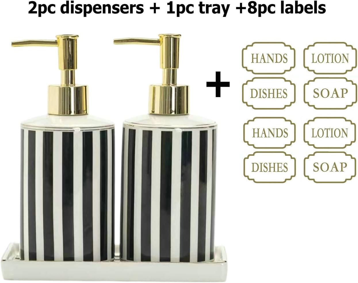 Luxury Black & White Ceramic Soap Dispenser Set with Gold Pump – 3-Piece Bathroom & Kitchen Accessories Set with Tray, Refillable Lotion & Dish Soap Pump Bottles, Elegant Modern Home Décor