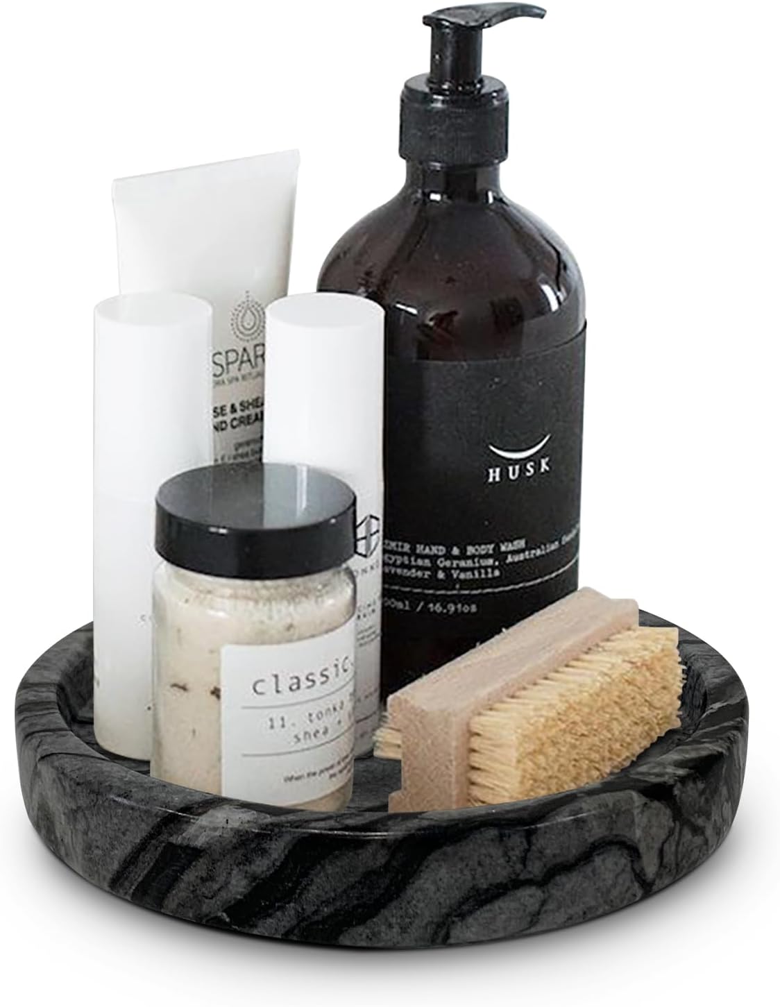 Travertine Tray, Small Ceramic Vanity Tray for Bathroom Counter Decor, Round Marble Decorative Trays for Coffee Table (Grey Black, Small Size)