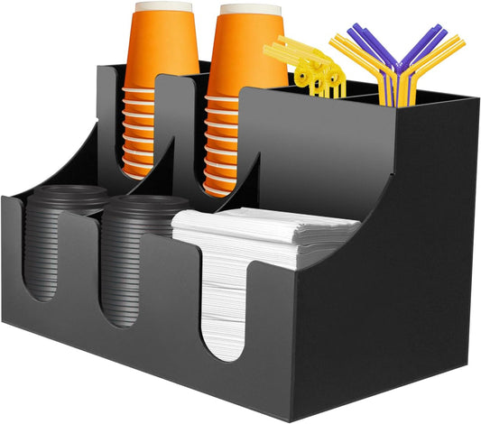 Coffee Bar Organizer for Countertop, Acrylic Coffee Station Organizer Condiment Organizer Coffee Cup Syrup Pod Holder, Coffee Bar Organizer for Home Office Cafe, 7 Compartment, Black